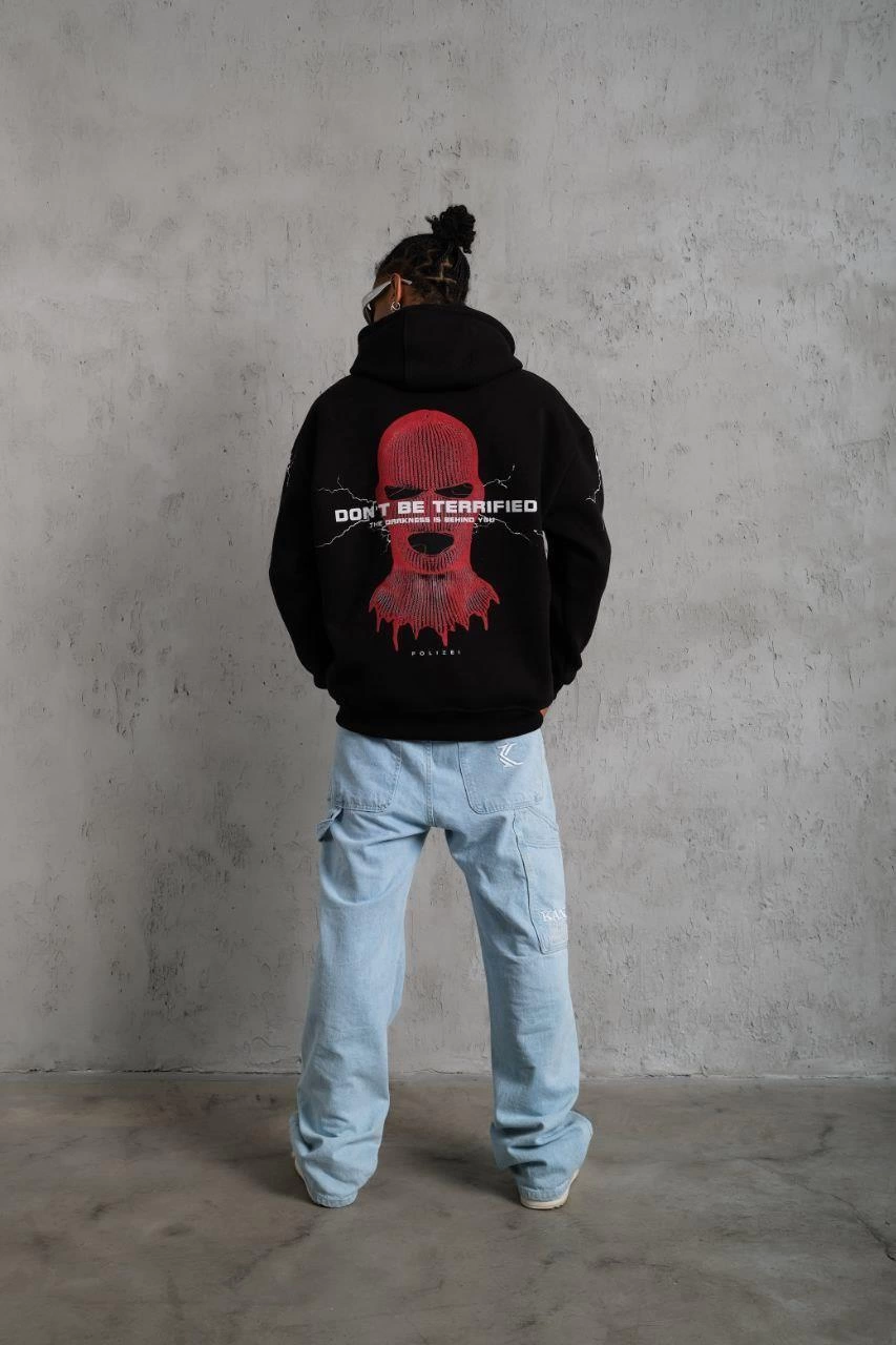 ASSEMA Erkek Oversize Üç İplik Kapüşonlu Sweatshirt Siyah Don t Be Terrified Ön Sırt ve - Siyah