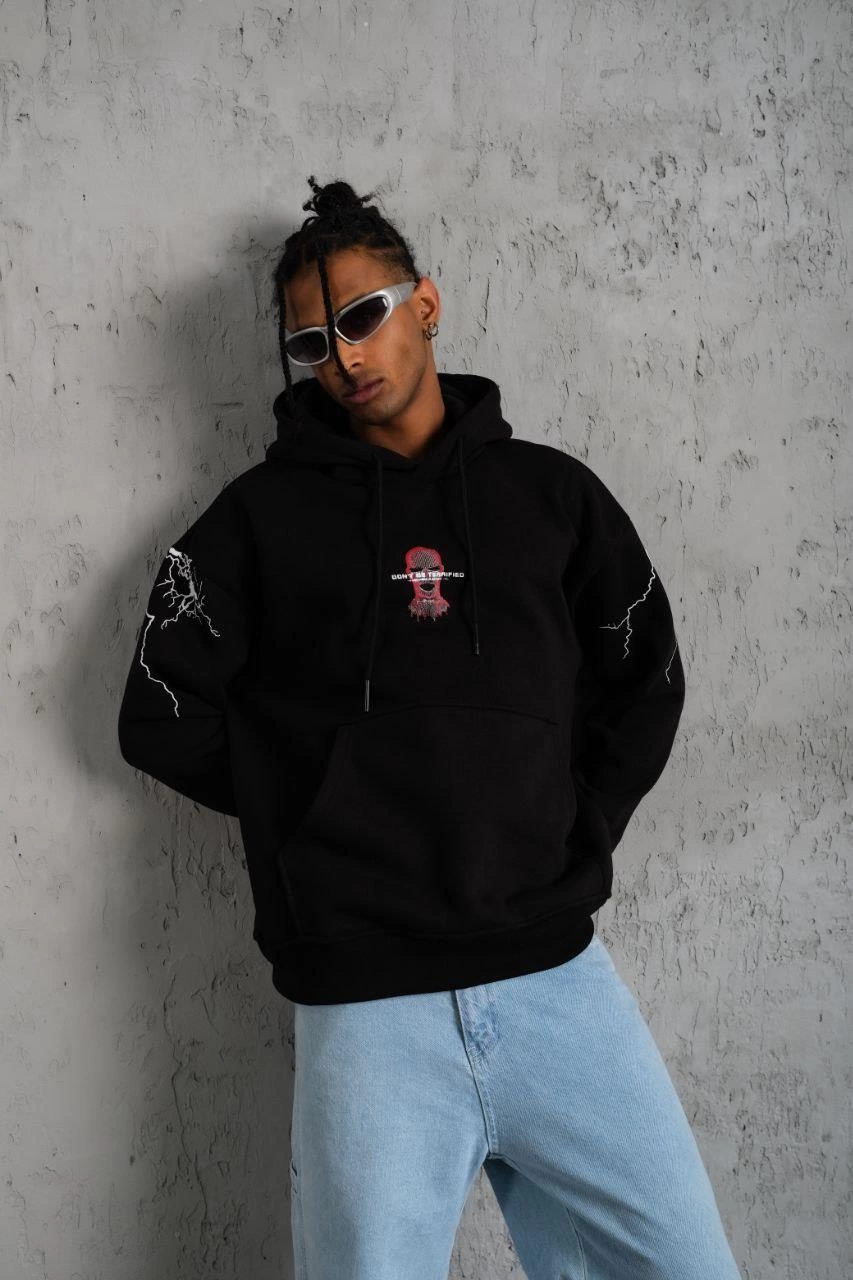 ASSEMA Erkek Oversize Üç İplik Kapüşonlu Sweatshirt Siyah Don t Be Terrified Ön Sırt ve - Siyah