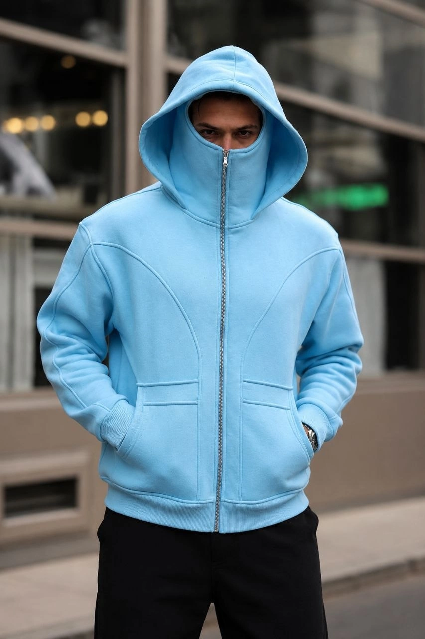 Erkek Maskeli Ninja Model Çift Kapüşonlu 3 İplik Şardonlu Fermuarlı Sweatshirt - Bebek Mavisi