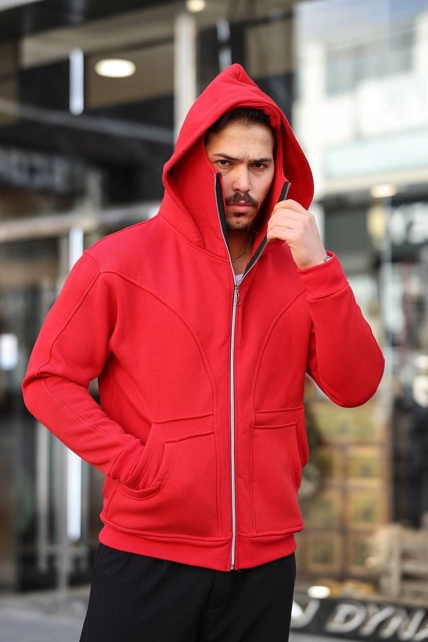 Erkek Maskeli Ninja Model Çift Kapüşonlu 3 İplik Şardonlu Fermuarlı Sweatshirt - Kırmızı