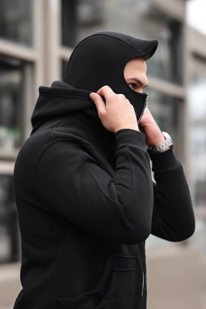 Erkek Maskeli Ninja Model Çift Kapüşonlu 3 İplik Şardonlu Fermuarlı Sweatshirt - Siyah