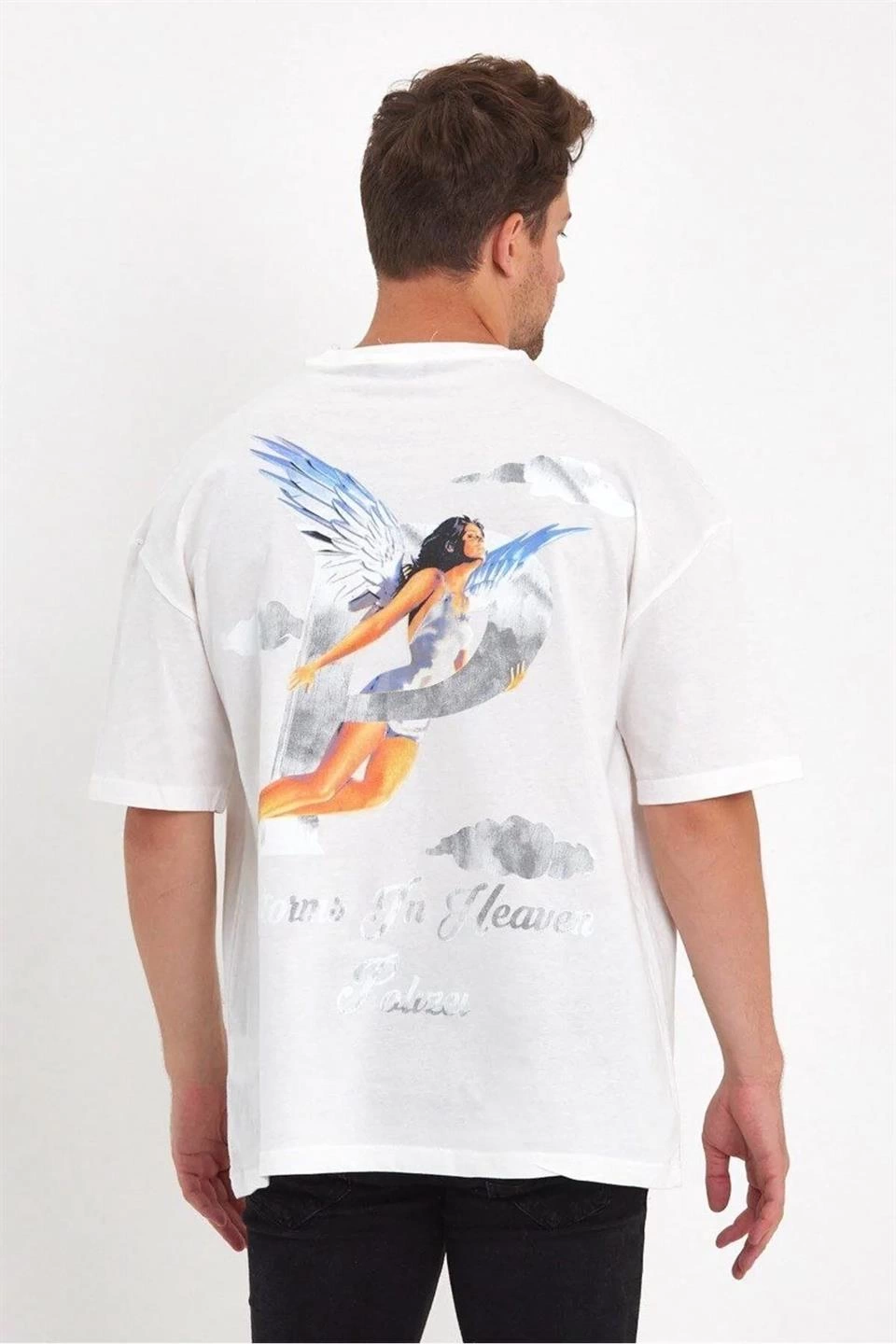 ASSEMA Erkek Melek Baskılı T-Shirt Kısa Kol Bisiklet Yaka Regular Fit Rahat Kalıp Tişört - Beyaz