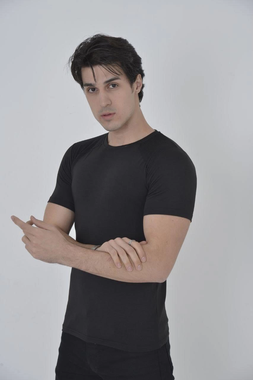ASSEMA Erkek Omuz Fileli T-Shirt Kısa Kol Bisiklet Yaka Slimfit Tişört   - Siyah