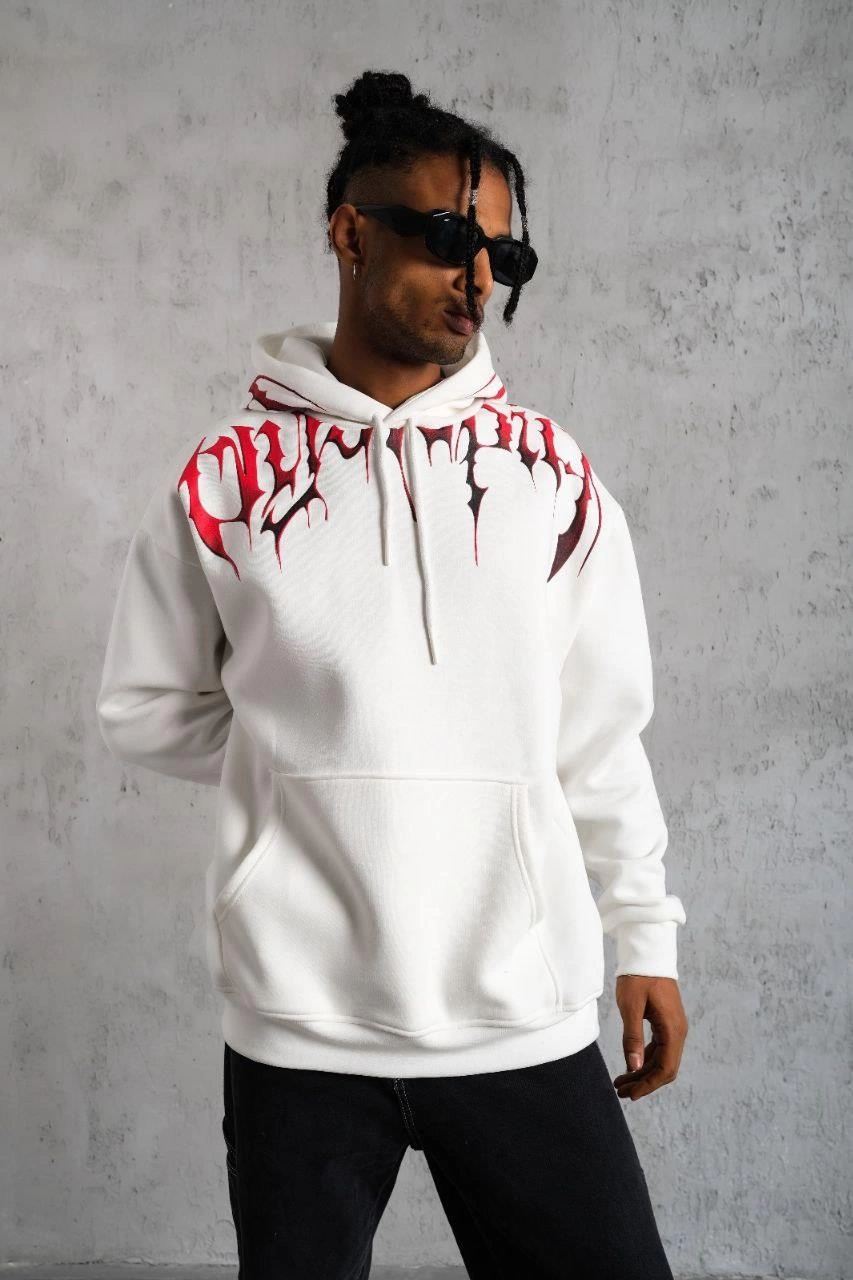 ASSEMA Erkek Ön ve Arka Baskılı Kapüşonlu 3 İplik Sweatshirt - Beyaz