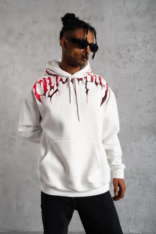 ASSEMA Erkek Ön ve Arka Baskılı Kapüşonlu 3 İplik Sweatshirt - Beyaz