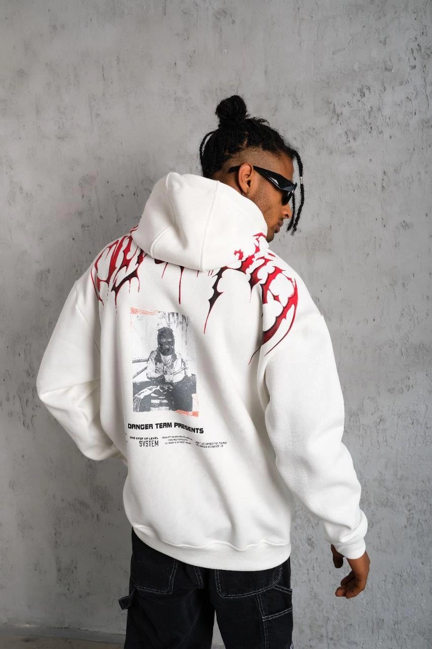 ASSEMA Erkek Ön ve Arka Baskılı Kapüşonlu 3 İplik Sweatshirt - Beyaz