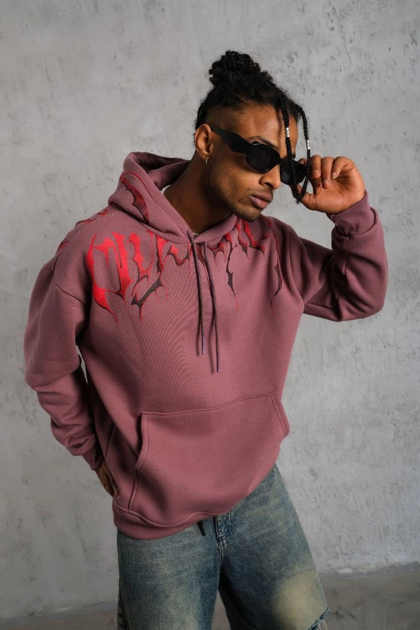ASSEMA Erkek Ön ve Arka Baskılı Kapüşonlu 3 İplik Sweatshirt - Gül Kurusu