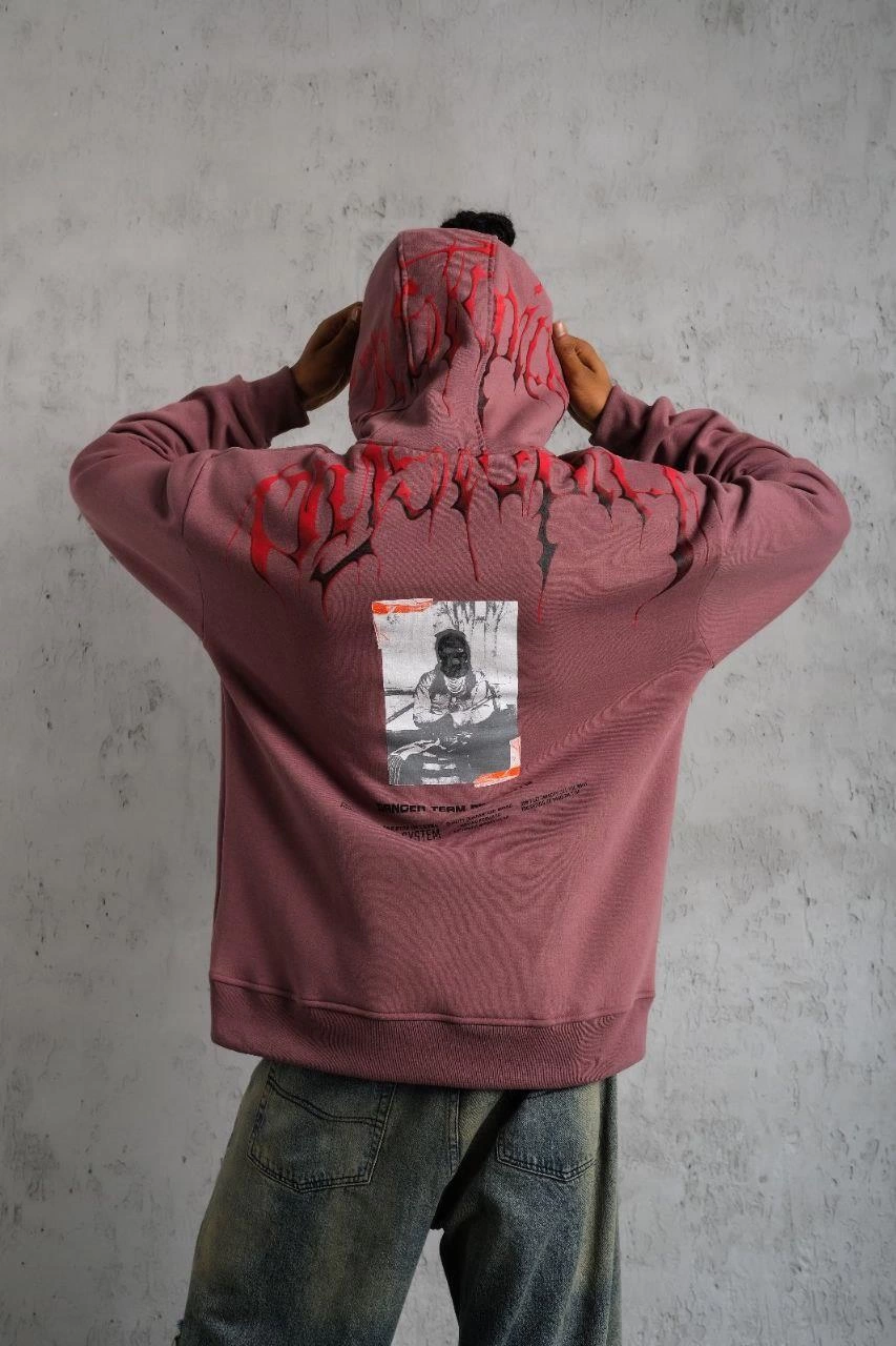 ASSEMA Erkek Ön ve Arka Baskılı Kapüşonlu 3 İplik Sweatshirt - Gül Kurusu