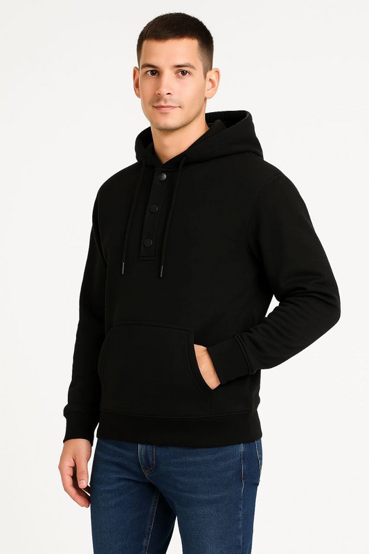 ASSEMA Erkek Ovarsize Kapüşonlu Swetshirt Kanguru Çepli Cıtcıtlı 3 iplik Şardonlu Hoodie - Siyah