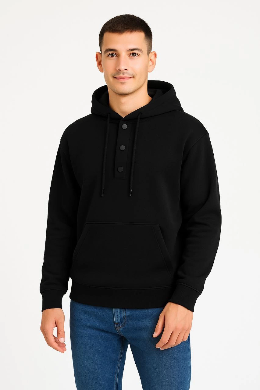 ASSEMA Erkek Ovarsize Kapüşonlu Swetshirt Kanguru Çepli Cıtcıtlı 3 iplik Şardonlu Hoodie - Siyah