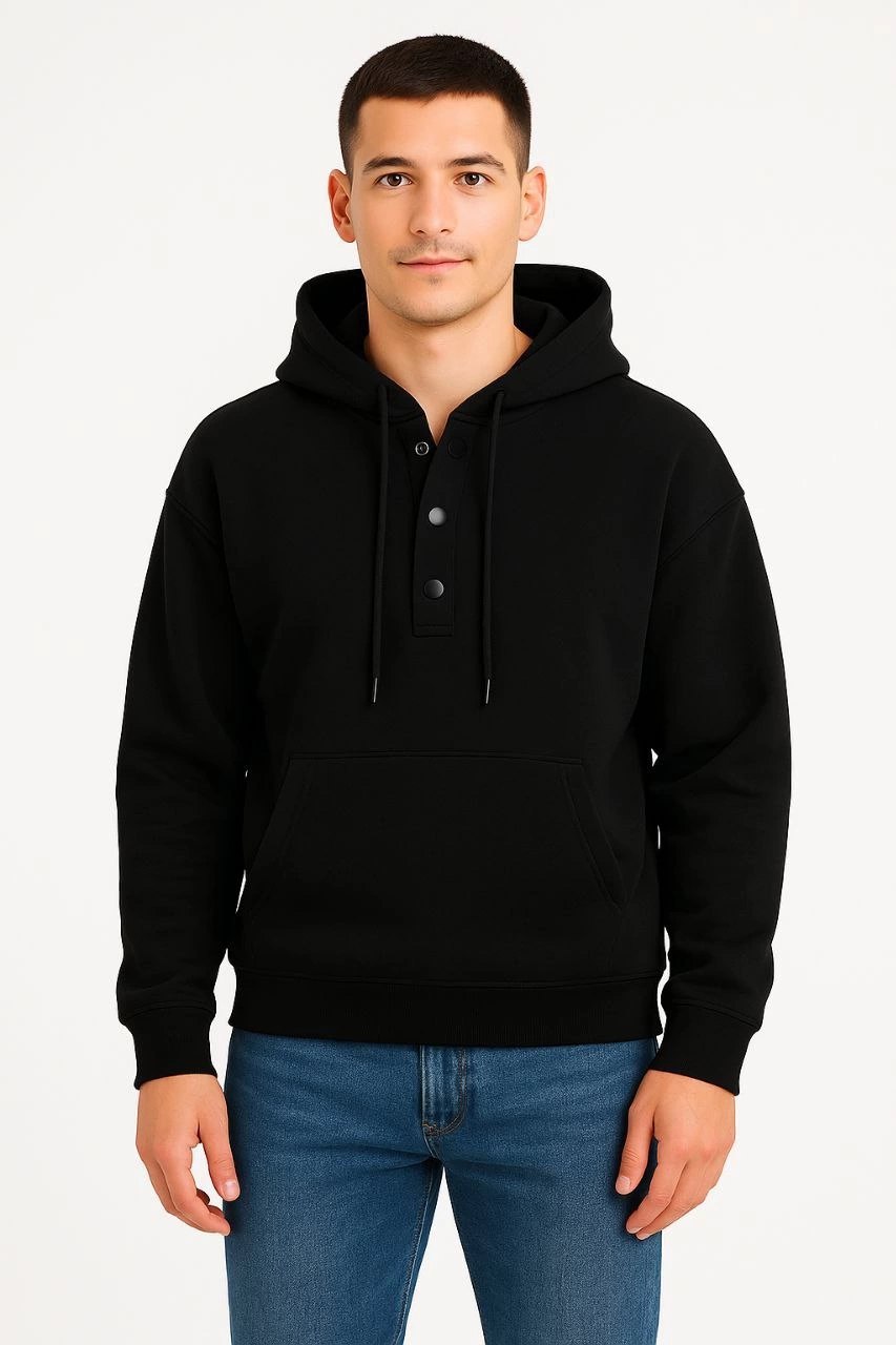 ASSEMA Erkek Ovarsize Kapüşonlu Swetshirt Kanguru Çepli Cıtcıtlı 3 iplik Şardonlu Hoodie - Siyah