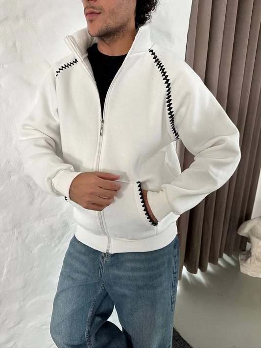ASSEMA Erkek Oversize Dik Yaka Fermuarlı Sweatshirt - Zincir Nakışli Kanguru Cepli - Beyaz