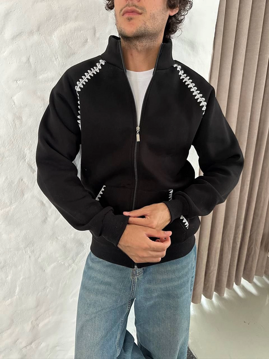 ASSEMA Erkek Oversize Dik Yaka Fermuarlı Sweatshirt - Zincir Nakışli Kanguru Cepli - Siyah