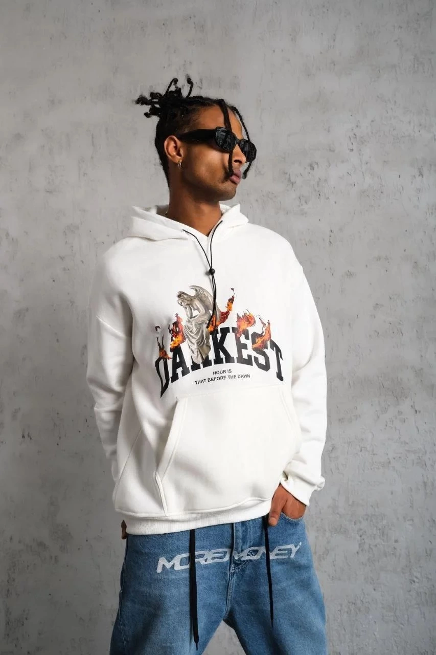 ASSEMA Erkek Oversize Kapüşonlu Sweatshirt Beyaz Üç İplik İçi Pamuklu Kanguru Cepli - Beyaz