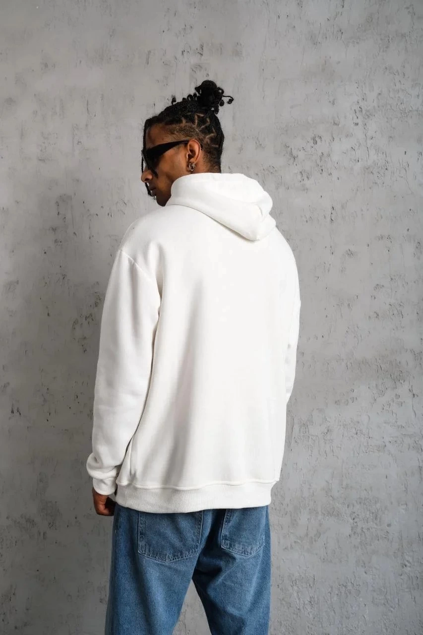 ASSEMA Erkek Oversize Kapüşonlu Sweatshirt Beyaz Üç İplik İçi Pamuklu Kanguru Cepli - Beyaz