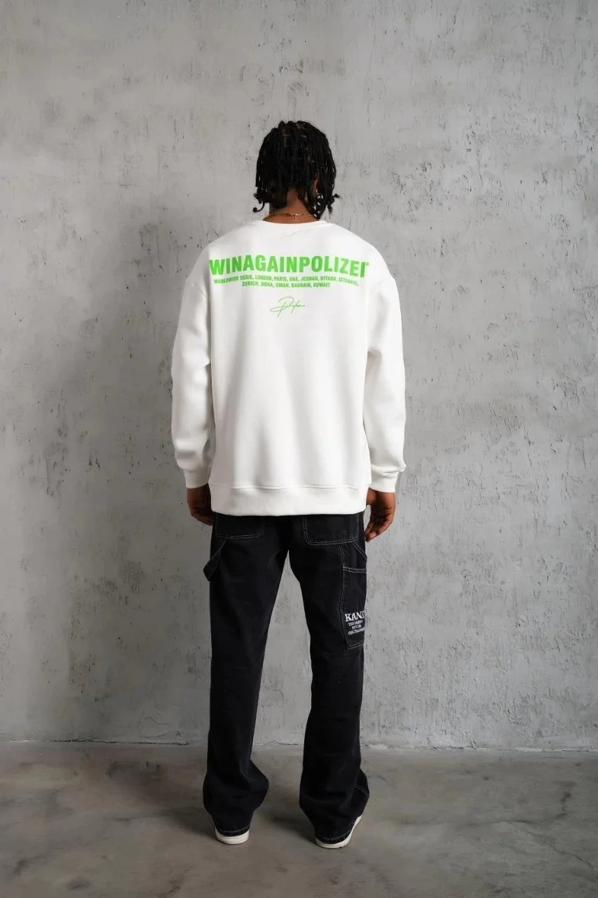 ASSEMA Erkek Oversize Sweatshirt Beyaz | Ön ve Sırt Baskılı Üç İplik İçi Pamuklu Kalıp - Beyaz