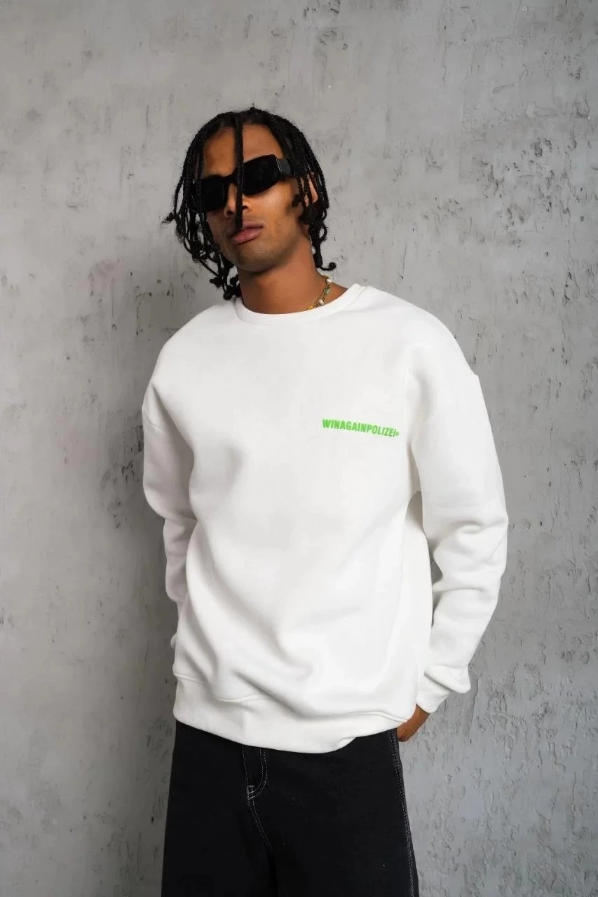 ASSEMA Erkek Oversize Sweatshirt Beyaz | Ön ve Sırt Baskılı Üç İplik İçi Pamuklu Kalıp - Beyaz
