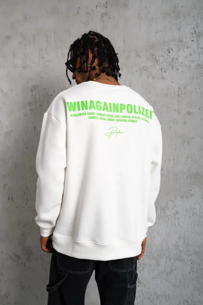 ASSEMA Erkek Oversize Sweatshirt Beyaz | Ön ve Sırt Baskılı Üç İplik İçi Pamuklu Kalıp - Beyaz
