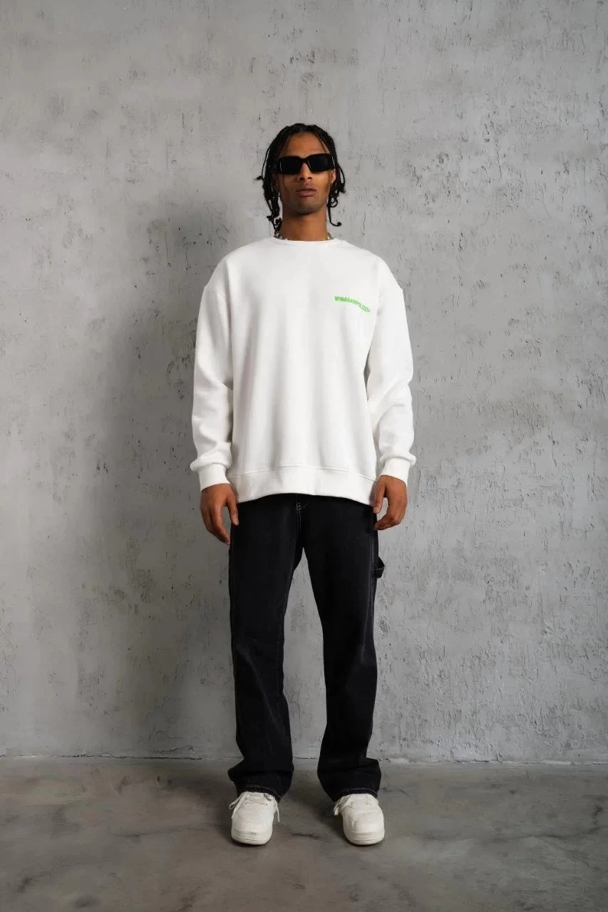 ASSEMA Erkek Oversize Sweatshirt Beyaz | Ön ve Sırt Baskılı Üç İplik İçi Pamuklu Kalıp - Beyaz