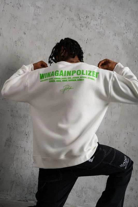 ASSEMA Erkek Oversize Sweatshirt Beyaz | Ön ve Sırt Baskılı Üç İplik İçi Pamuklu Kalıp - Beyaz