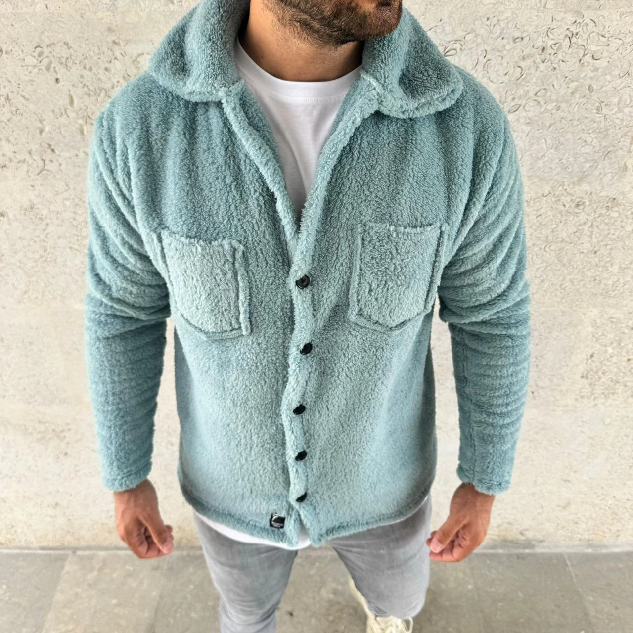 ASSEMA Erkek Pelüş Polar Hırka Gömlek - Yakalı, İlik Düğmeli, Göğüs Cepli, Yumuşak Dokulu Kışlık Regular Fit Rahat Günlük Model - Bebe Mavisi