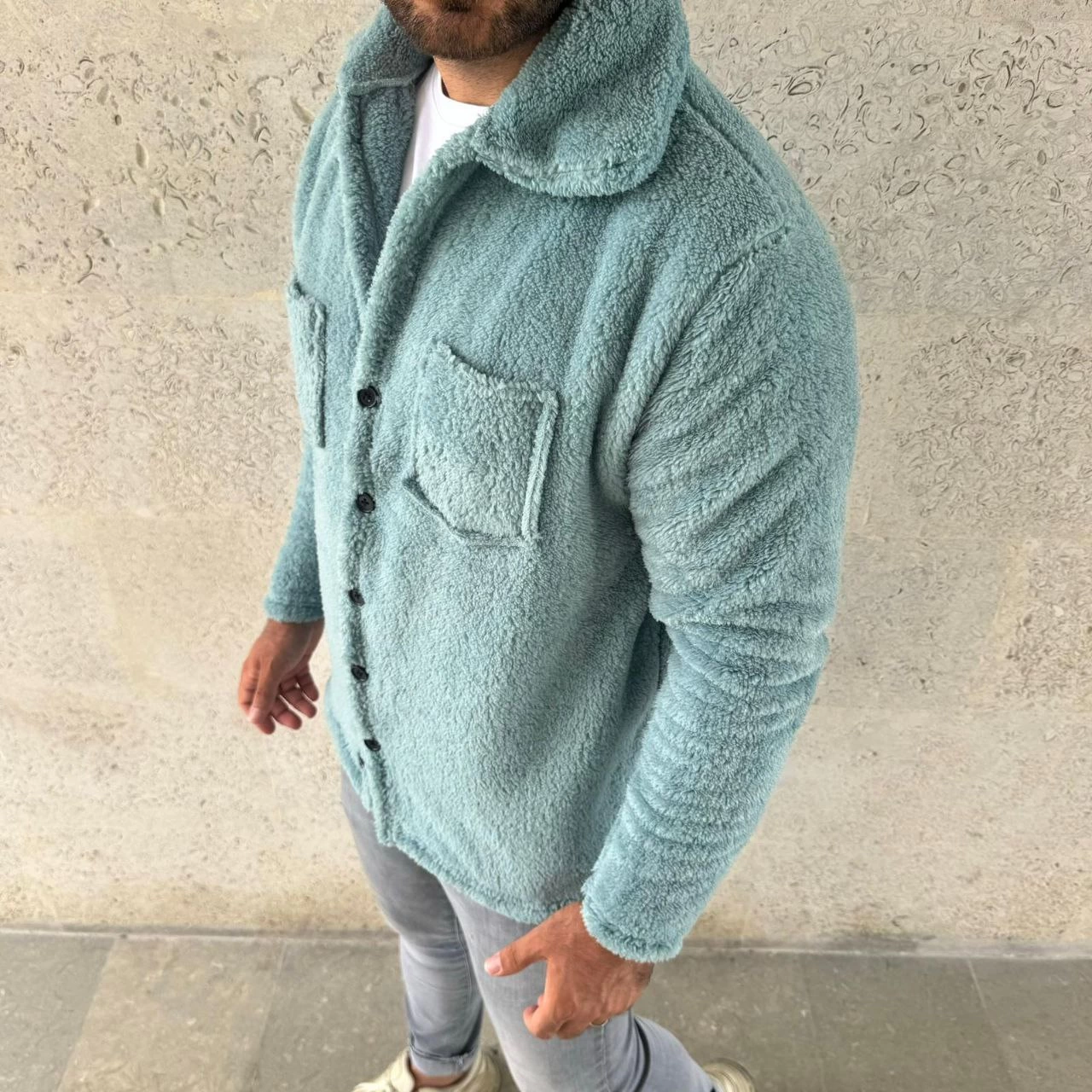 ASSEMA Erkek Pelüş Polar Hırka Gömlek - Yakalı, İlik Düğmeli, Göğüs Cepli, Yumuşak Dokulu Kışlık Regular Fit Rahat Günlük Model - Bebe Mavisi
