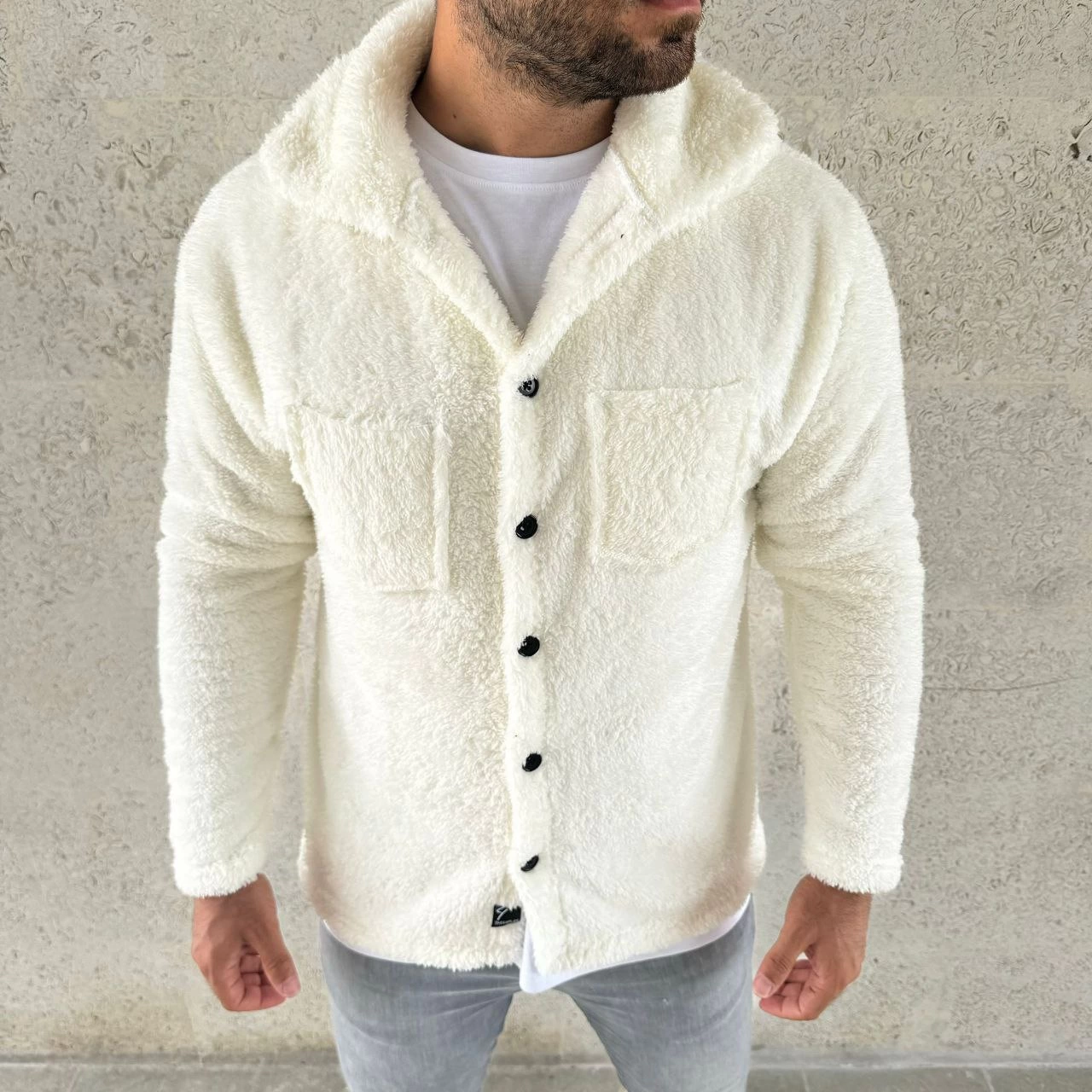 ASSEMA Erkek Pelüş Polar Hırka Gömlek - Yakalı, İlik Düğmeli, Göğüs Cepli, Yumuşak Dokulu Kışlık Regular Fit Rahat Günlük Model - Beyaz