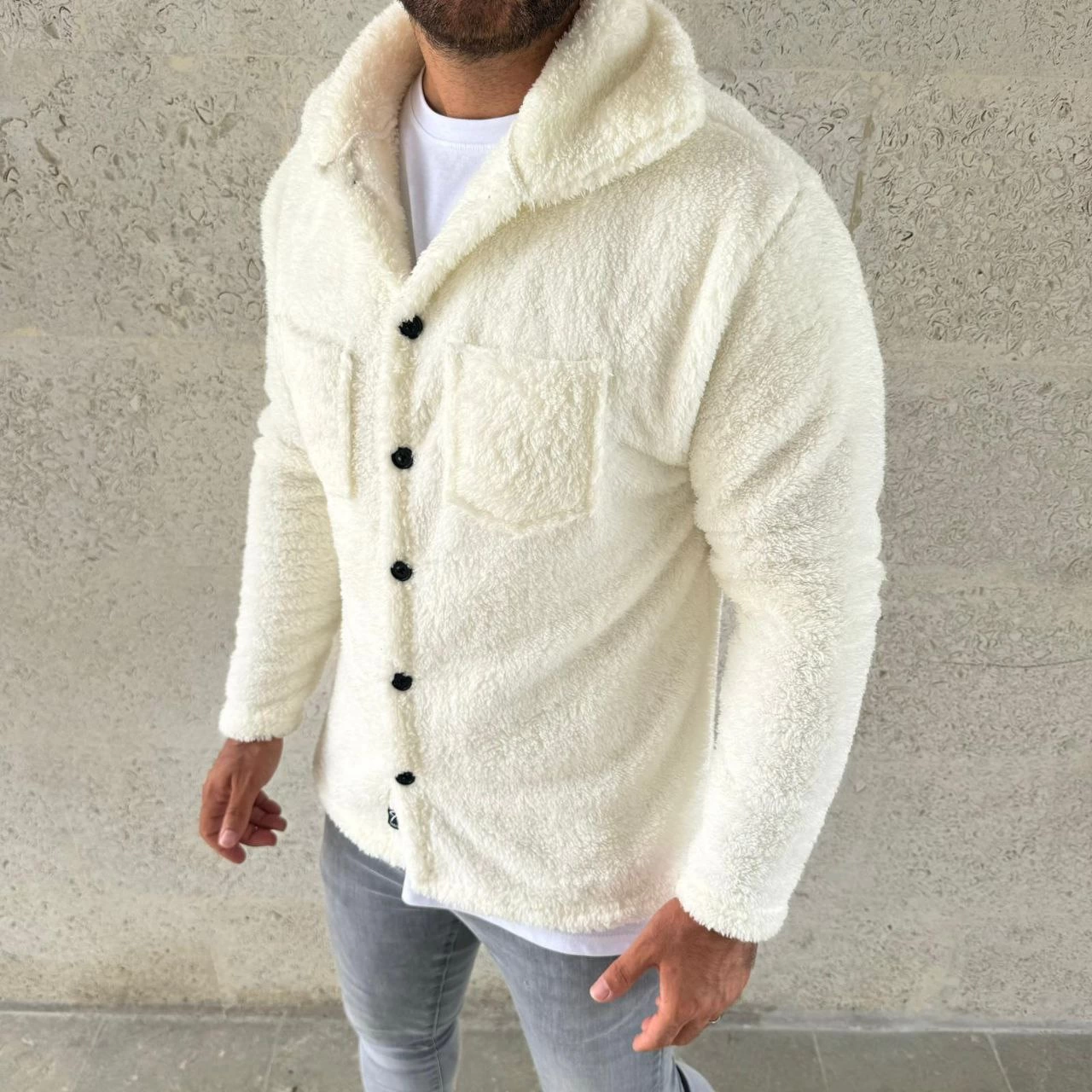ASSEMA Erkek Pelüş Polar Hırka Gömlek - Yakalı, İlik Düğmeli, Göğüs Cepli, Yumuşak Dokulu Kışlık Regular Fit Rahat Günlük Model - Beyaz