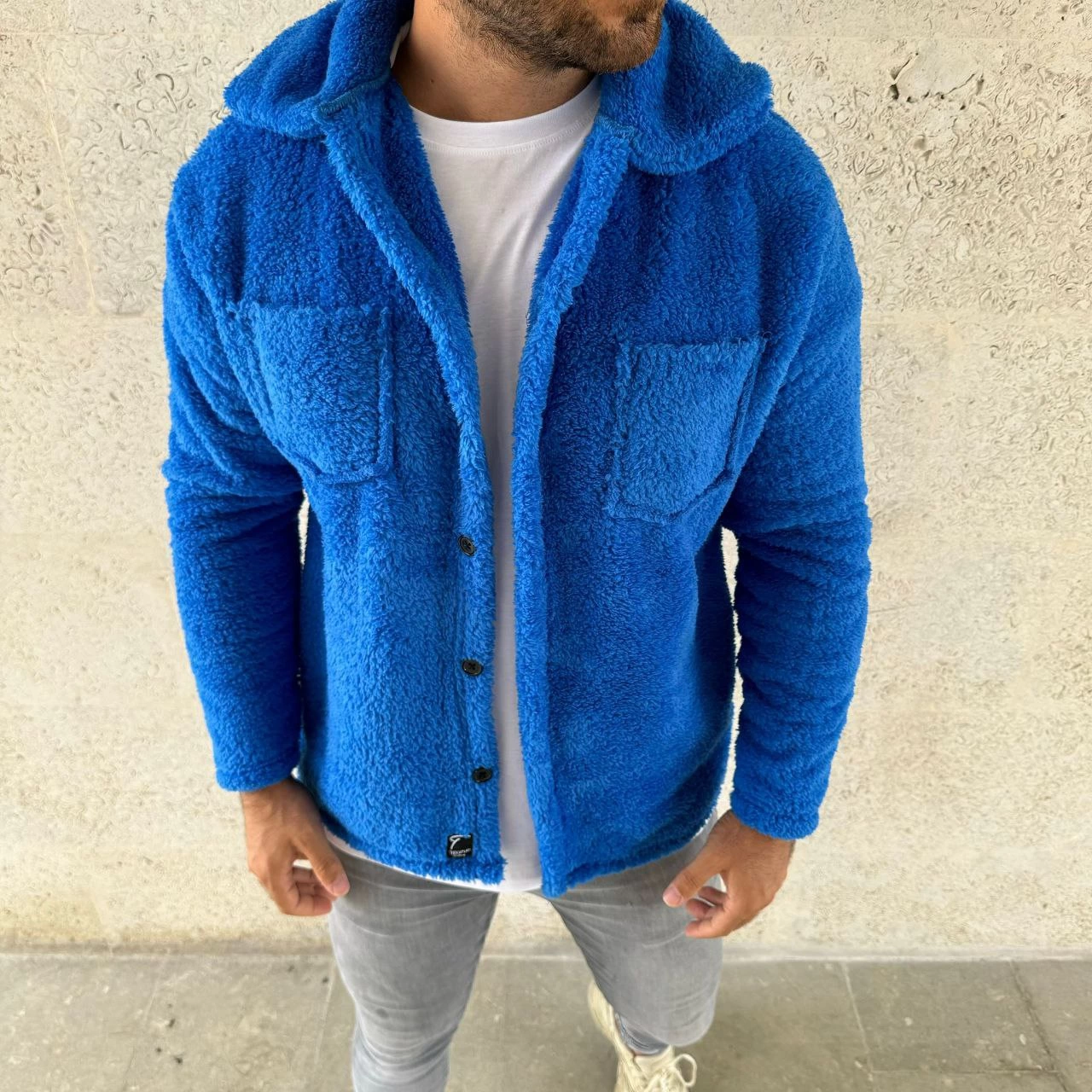 ASSEMA Erkek Pelüş Polar Hırka Gömlek - Yakalı, İlik Düğmeli, Göğüs Cepli, Yumuşak Dokulu Kışlık Regular Fit Rahat Günlük Model - Saks Mavisi