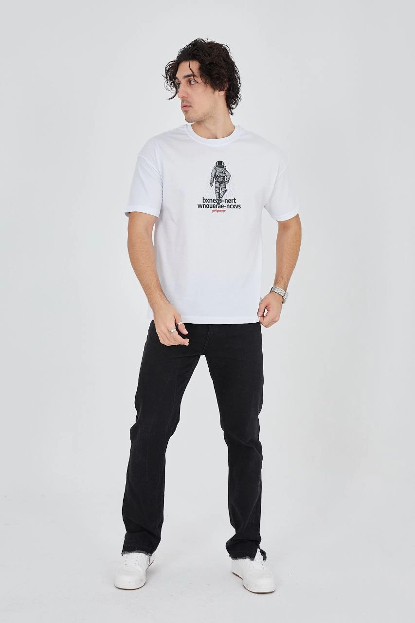 ASSEMA Erkek Baskılı T-Shirt Kısa Kol Bisiklet Yaka Regular Fit Rahat Kalıp Günlük Tişört - Beyaz