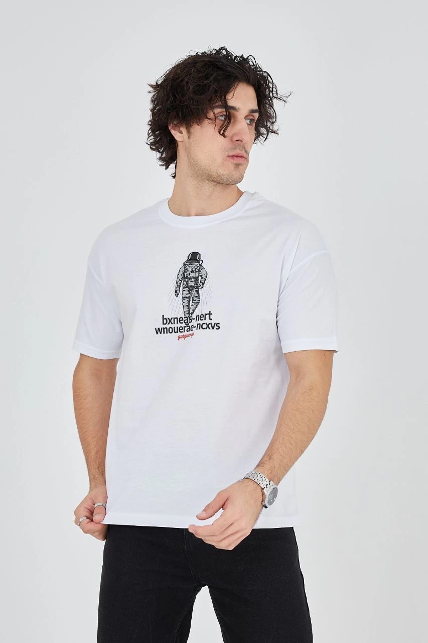 ASSEMA Erkek Baskılı T-Shirt Kısa Kol Bisiklet Yaka Regular Fit Rahat Kalıp Günlük Tişört - Beyaz