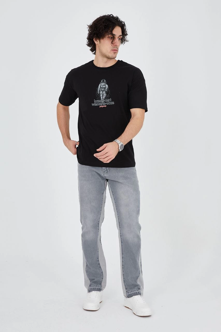 ASSEMA Erkek Baskılı T-Shirt Kısa Kol Bisiklet Yaka Regular Fit Rahat Kalıp Günlük Tişört - Siyah