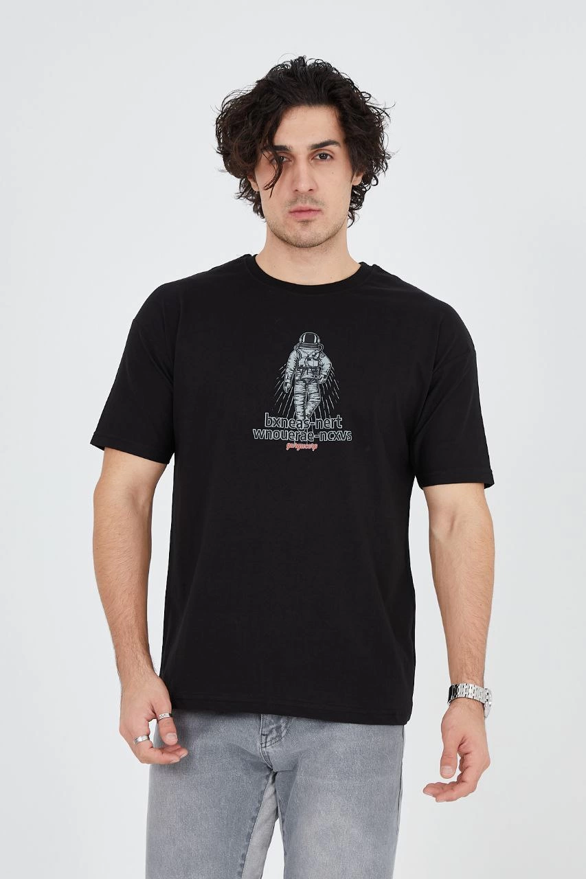 ASSEMA Erkek Baskılı T-Shirt Kısa Kol Bisiklet Yaka Regular Fit Rahat Kalıp Günlük Tişört - Siyah
