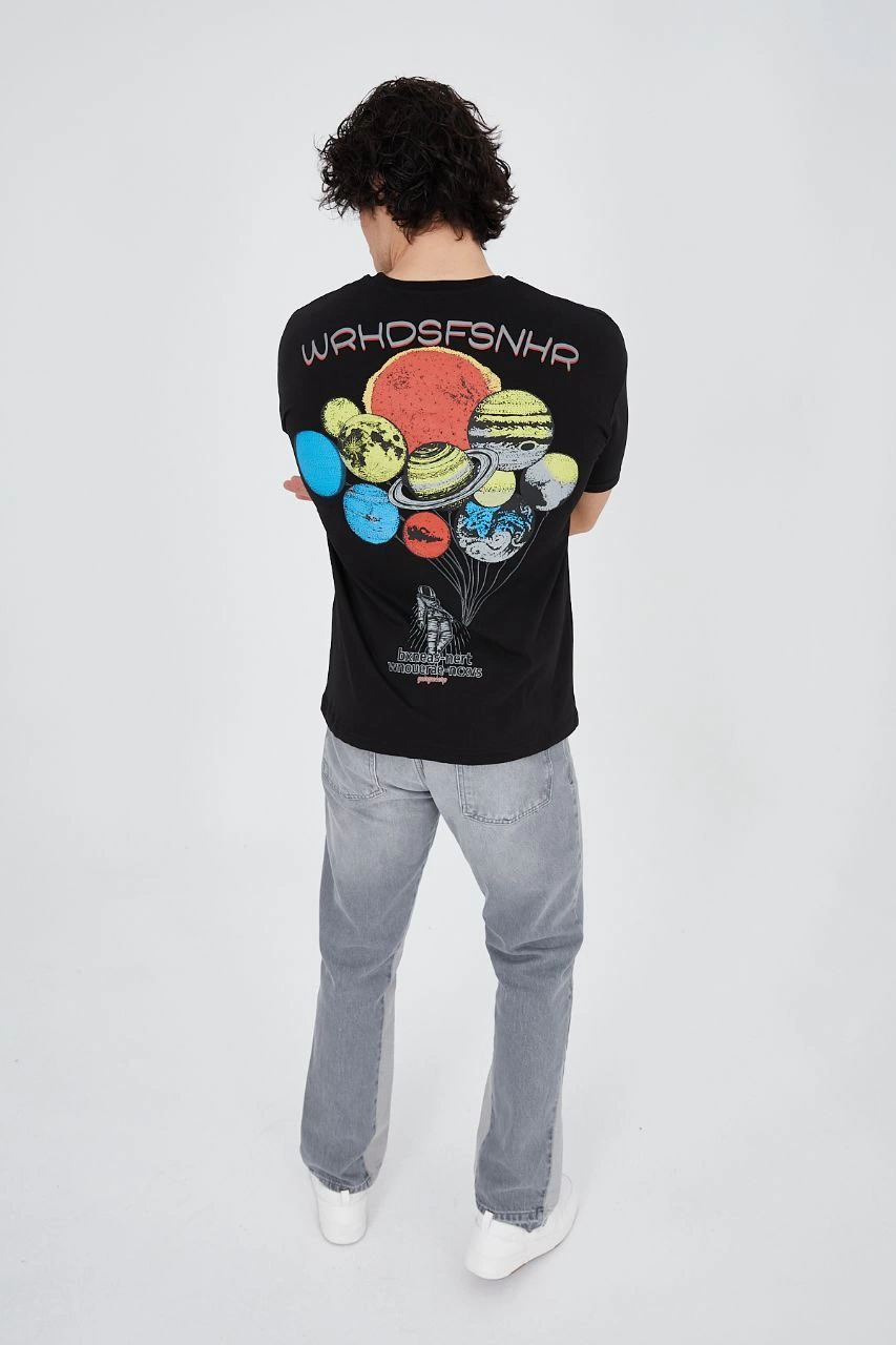 ASSEMA Erkek Baskılı T-Shirt Kısa Kol Bisiklet Yaka Regular Fit Rahat Kalıp Günlük Tişört - Siyah
