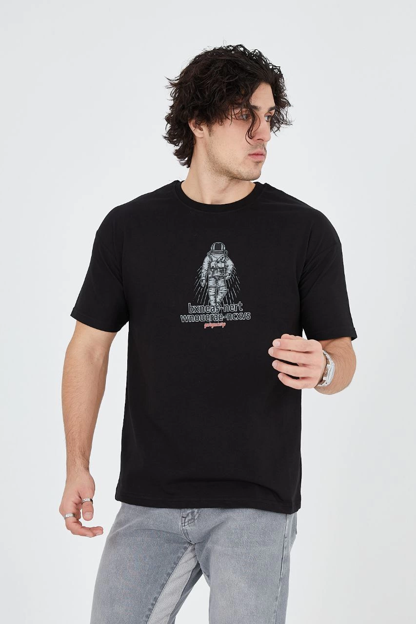 ASSEMA Erkek Baskılı T-Shirt Kısa Kol Bisiklet Yaka Regular Fit Rahat Kalıp Günlük Tişört - Siyah