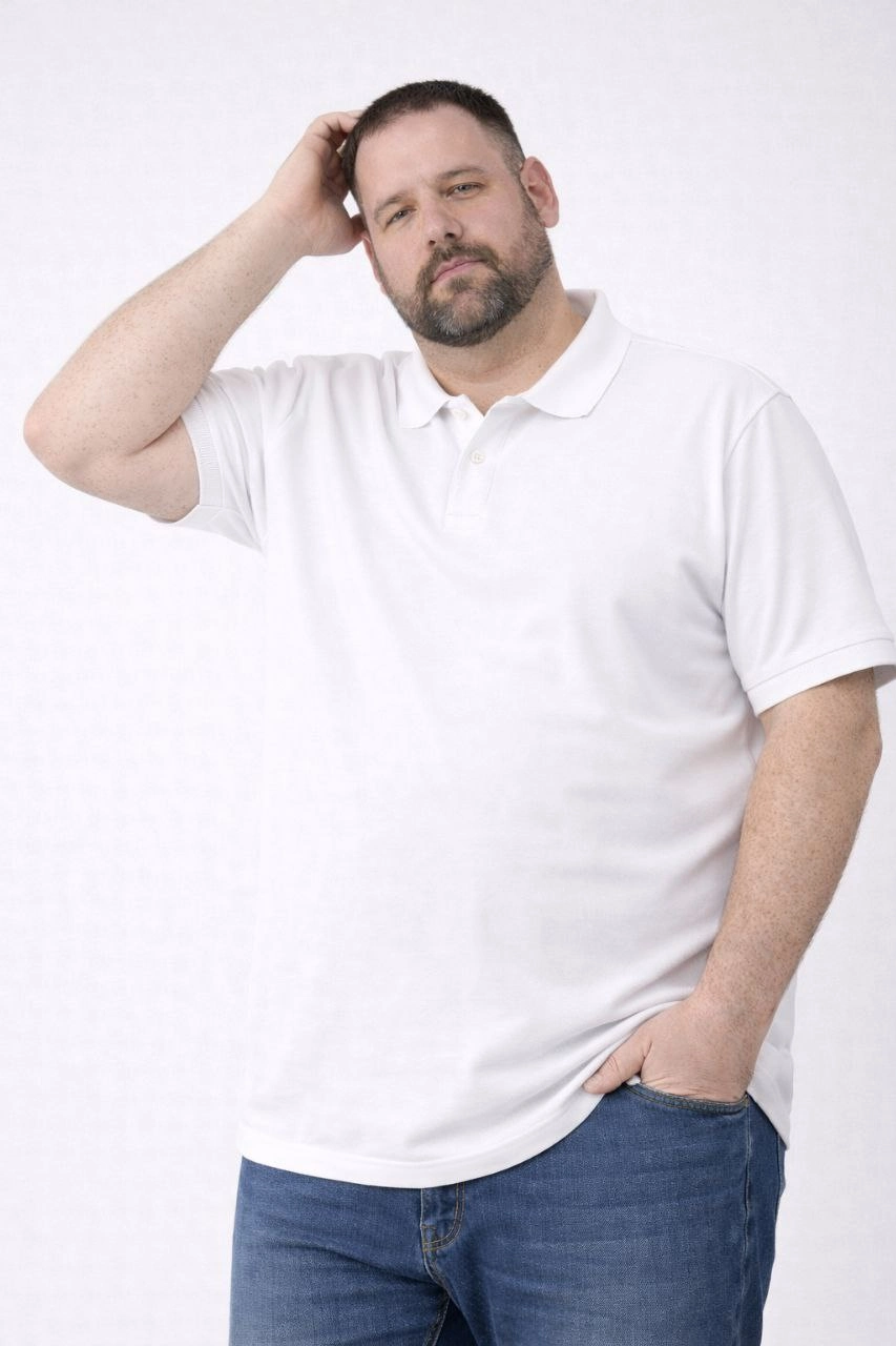 ASSEMA Erkek Pike Kumaş Düğmeli Yaka Battal Büyük Beden Günlük Kısa kol Tişört T-shirt - Beyaz