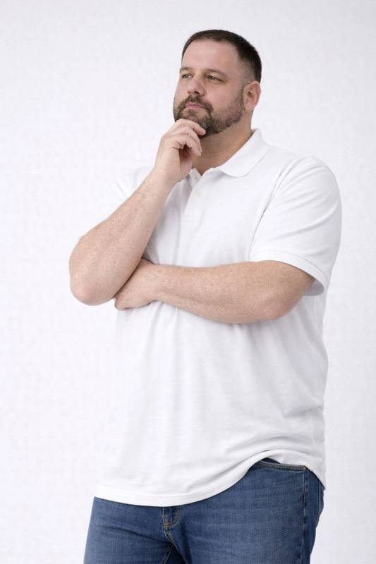 ASSEMA Erkek Pike Kumaş Düğmeli Yaka Battal Büyük Beden Günlük Kısa kol Tişört T-shirt - Beyaz
