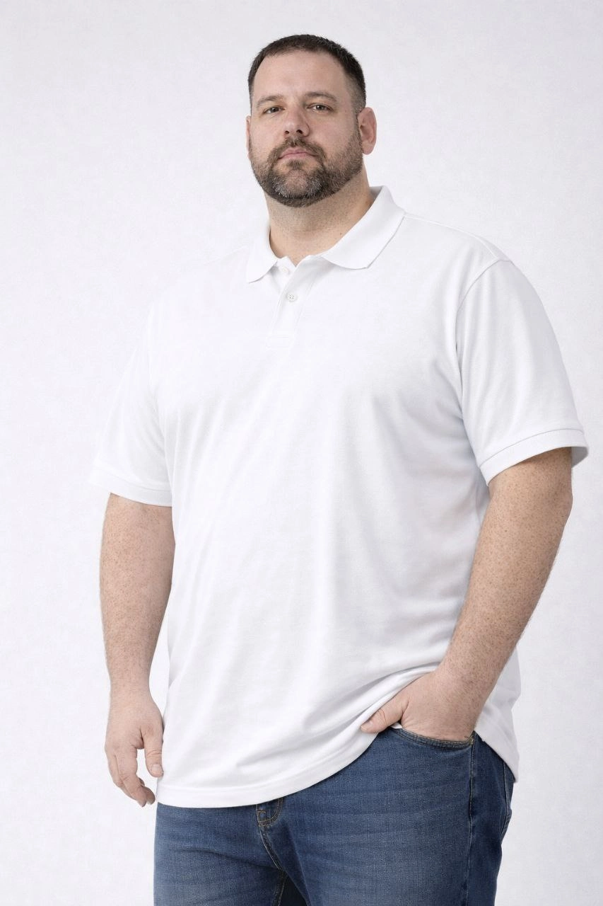 ASSEMA Erkek Pike Kumaş Düğmeli Yaka Battal Büyük Beden Günlük Kısa kol Tişört T-shirt - Beyaz