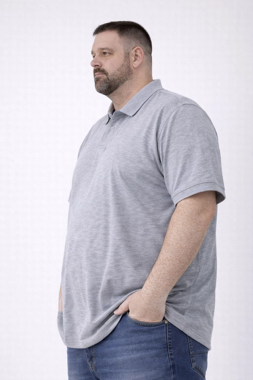 ASSEMA Erkek Pike Kumaş Düğmeli Yaka Battal Büyük Beden Günlük Kısa kol Tişört T-shirt - Gri