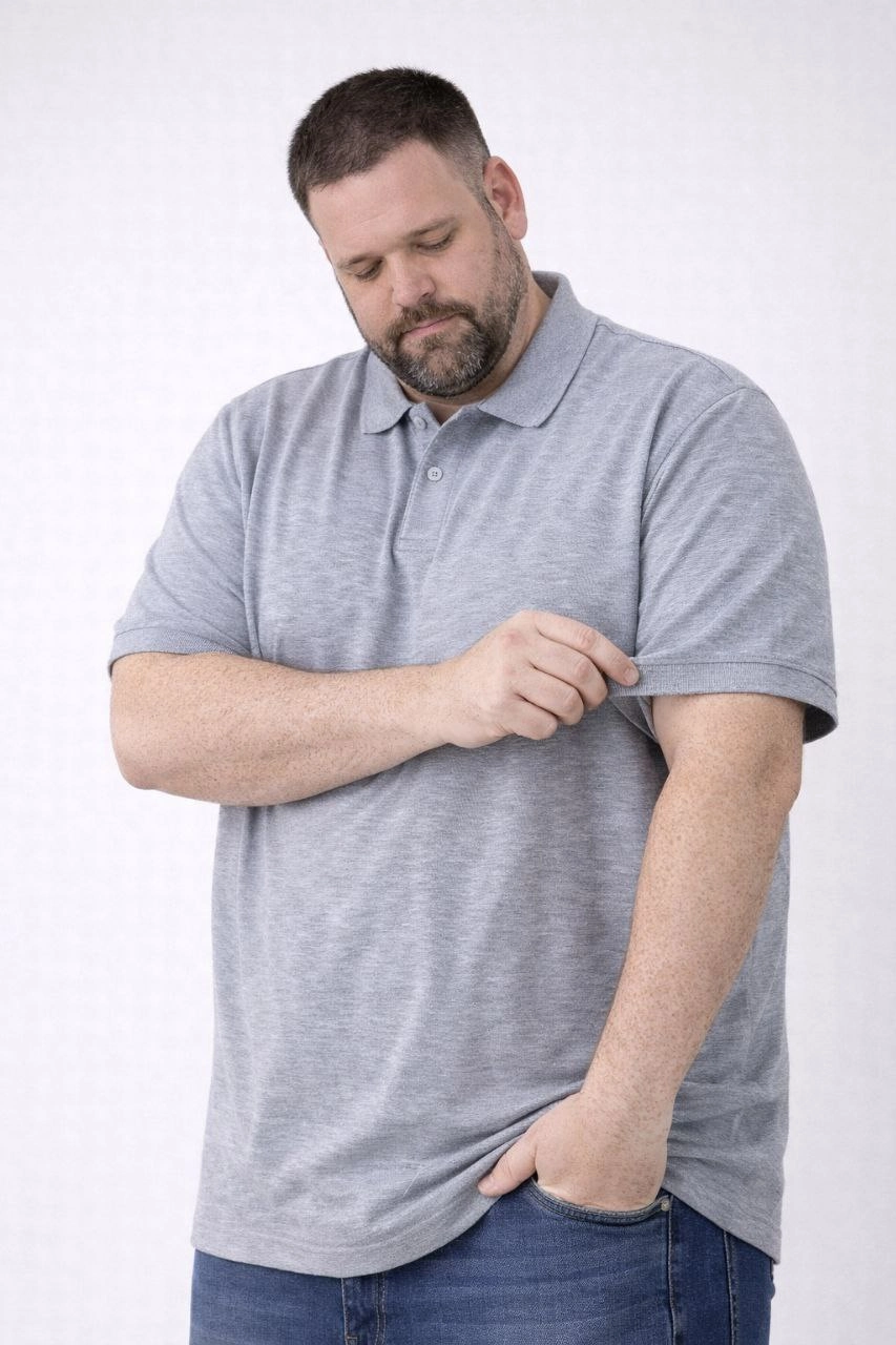 ASSEMA Erkek Pike Kumaş Düğmeli Yaka Battal Büyük Beden Günlük Kısa kol Tişört T-shirt - Gri