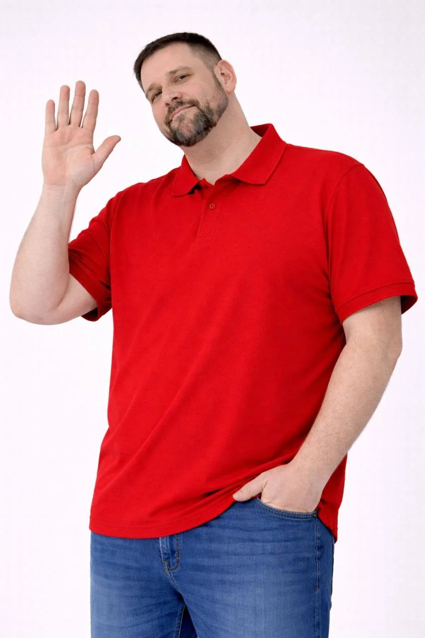 Erkek Pike Kumaş Düğmeli Yaka Battal Büyük Beden Günlük Kısa kol Tişört T-shirt - Kırmızı