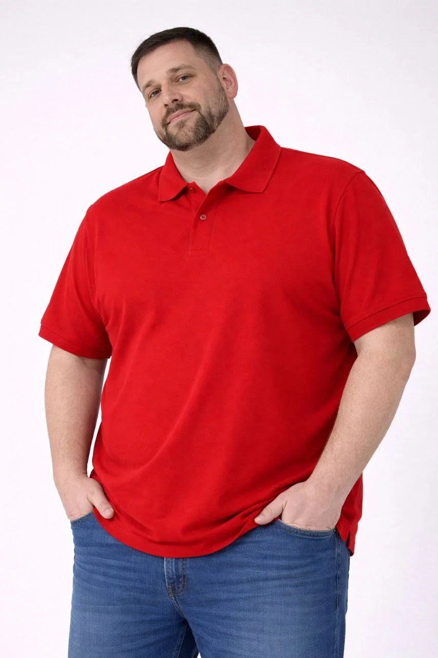 Erkek Pike Kumaş Düğmeli Yaka Battal Büyük Beden Günlük Kısa kol Tişört T-shirt - Kırmızı