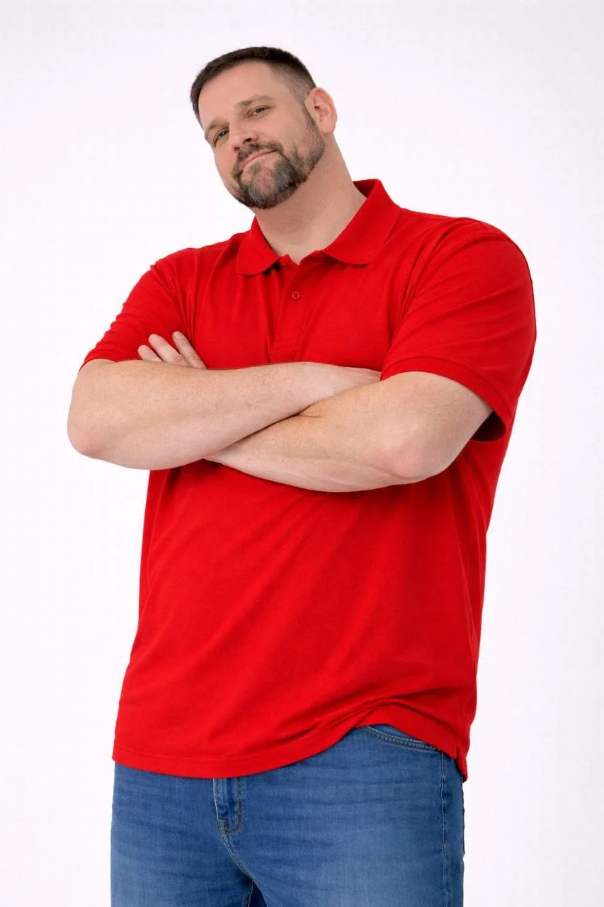 Erkek Pike Kumaş Düğmeli Yaka Battal Büyük Beden Günlük Kısa kol Tişört T-shirt - Kırmızı