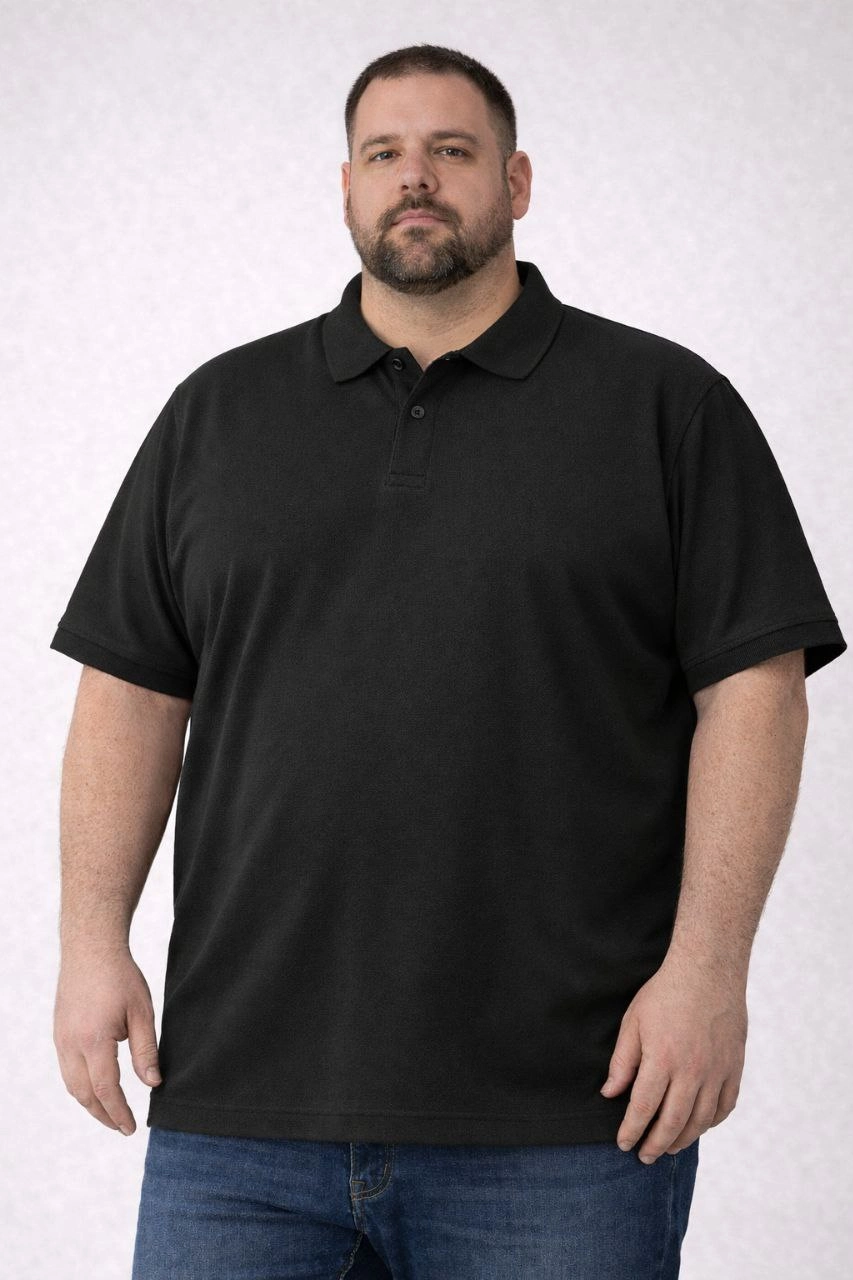 ASSEMA Erkek Pike Kumaş Düğmeli Yaka Battal Büyük Beden Günlük Kısa kol Tişört T-shirt - Siyah