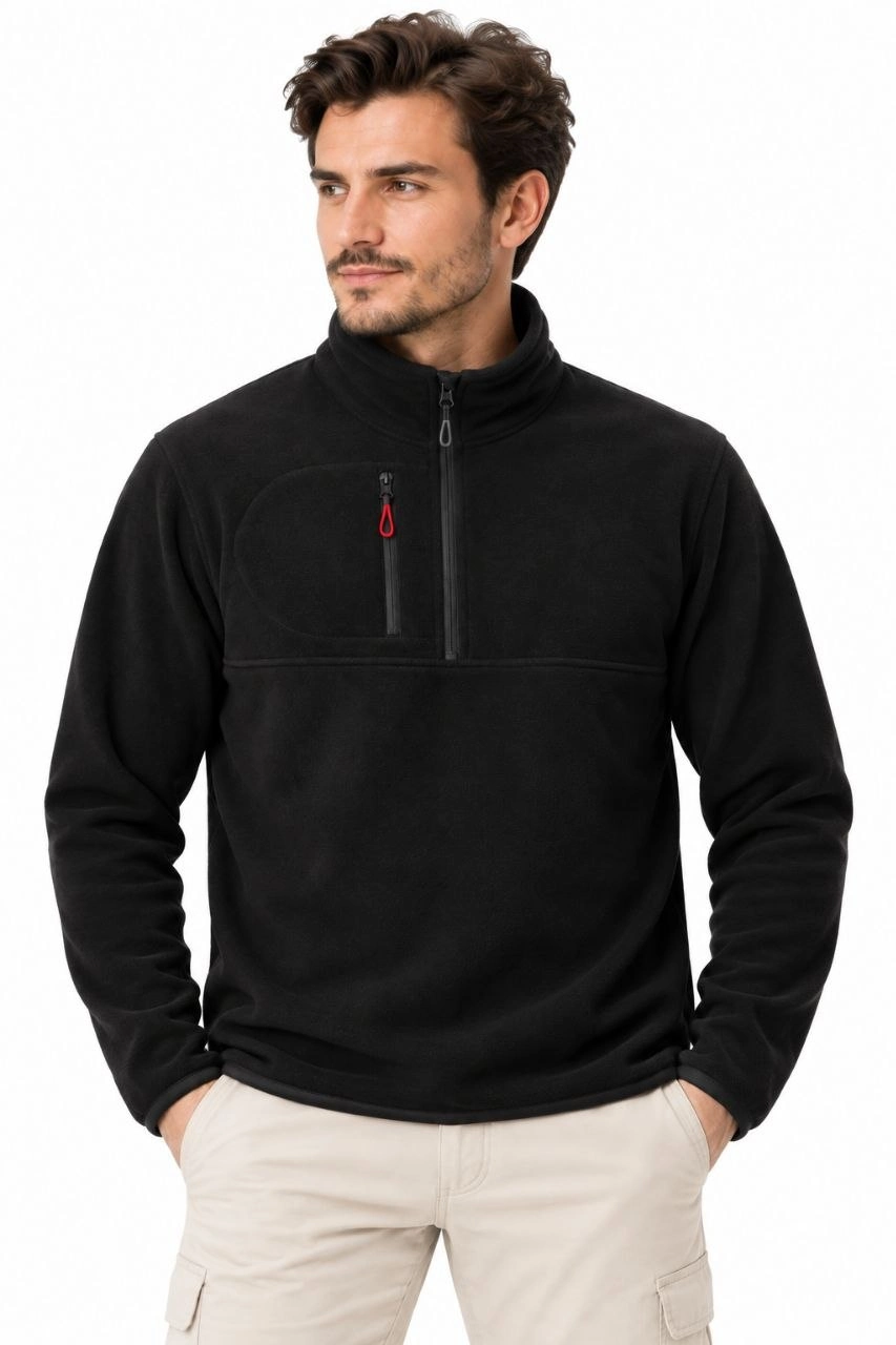 Erkek Polar Dik Yaka Yarım Fermuarlı Fermuarlı Göğüs Cepli Regular Fit Kışlık Sweatshirt - Siyah