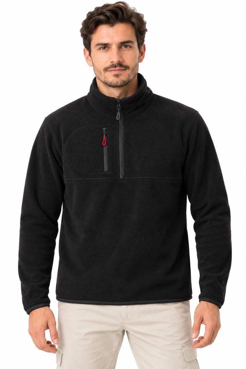 Erkek Polar Dik Yaka Yarım Fermuarlı Fermuarlı Göğüs Cepli Regular Fit Kışlık Sweatshirt - Siyah