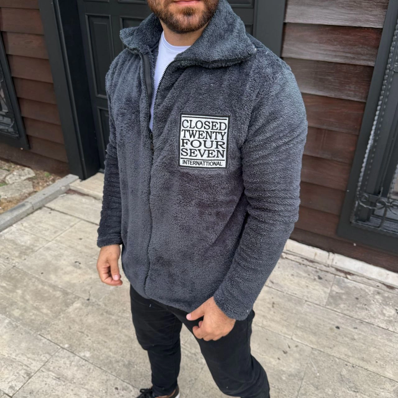 ASSEMA Erkek Polar Fermuarlı Sweatshirt Kapüşonsuz Cepli Yumuşak Dokulu Oversize Kalıp - Füme