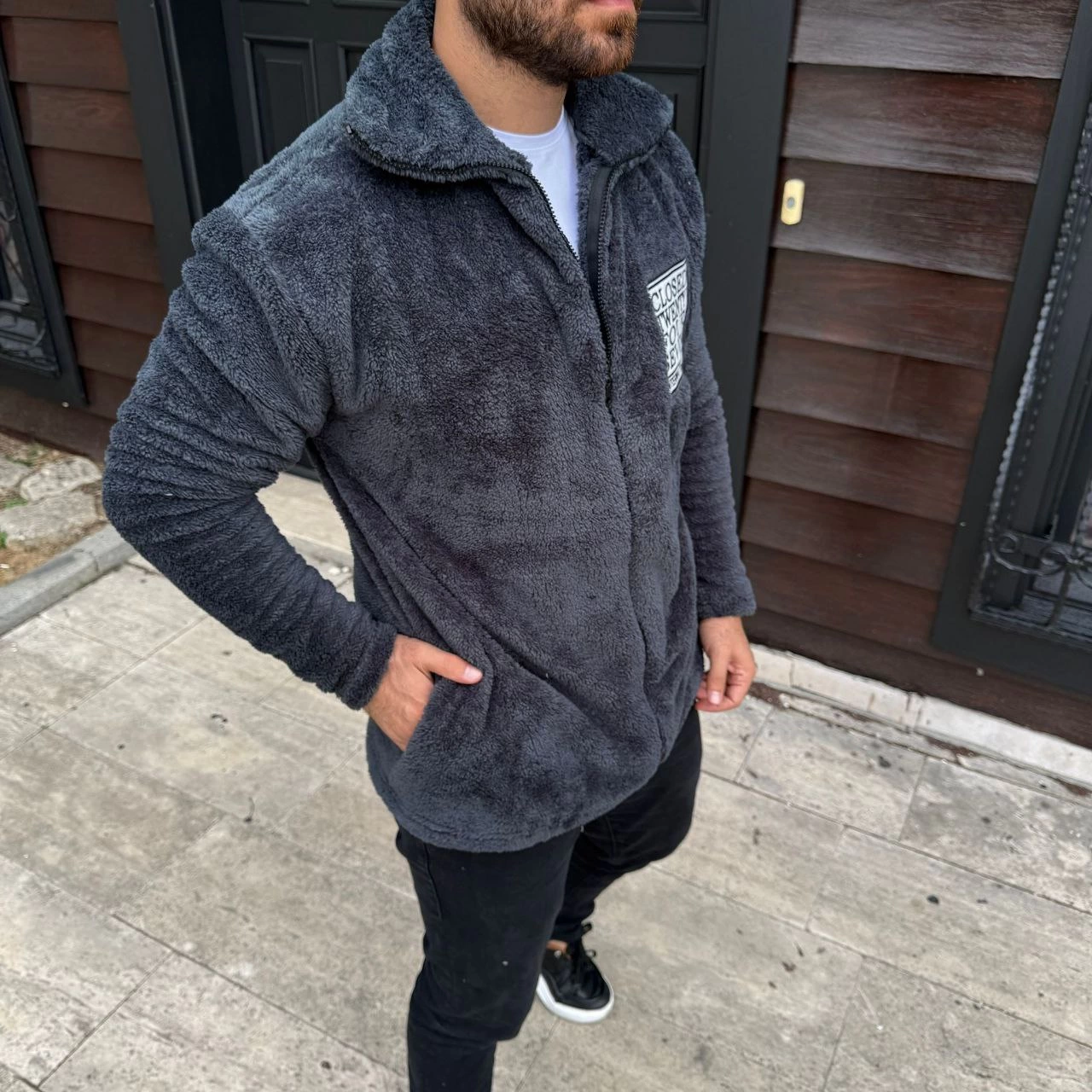 ASSEMA Erkek Polar Fermuarlı Sweatshirt Kapüşonsuz Cepli Yumuşak Dokulu Oversize Kalıp - Füme