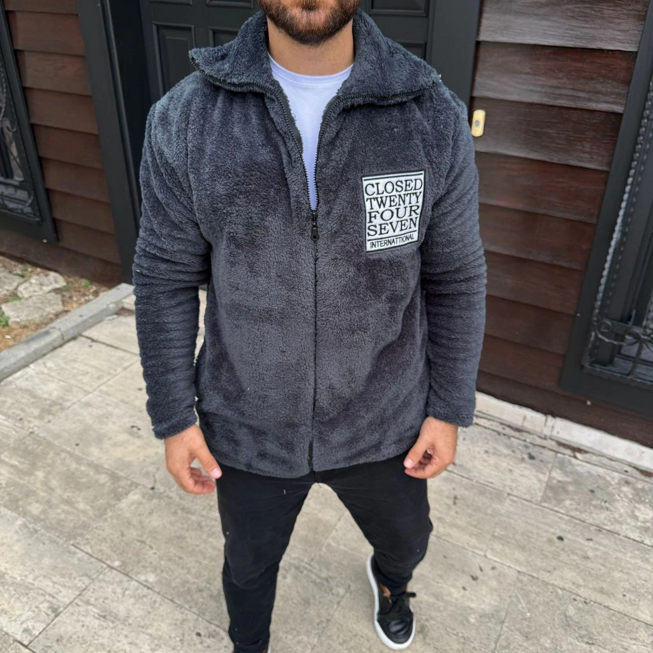 ASSEMA Erkek Polar Fermuarlı Sweatshirt Kapüşonsuz Cepli Yumuşak Dokulu Oversize Kalıp - Füme
