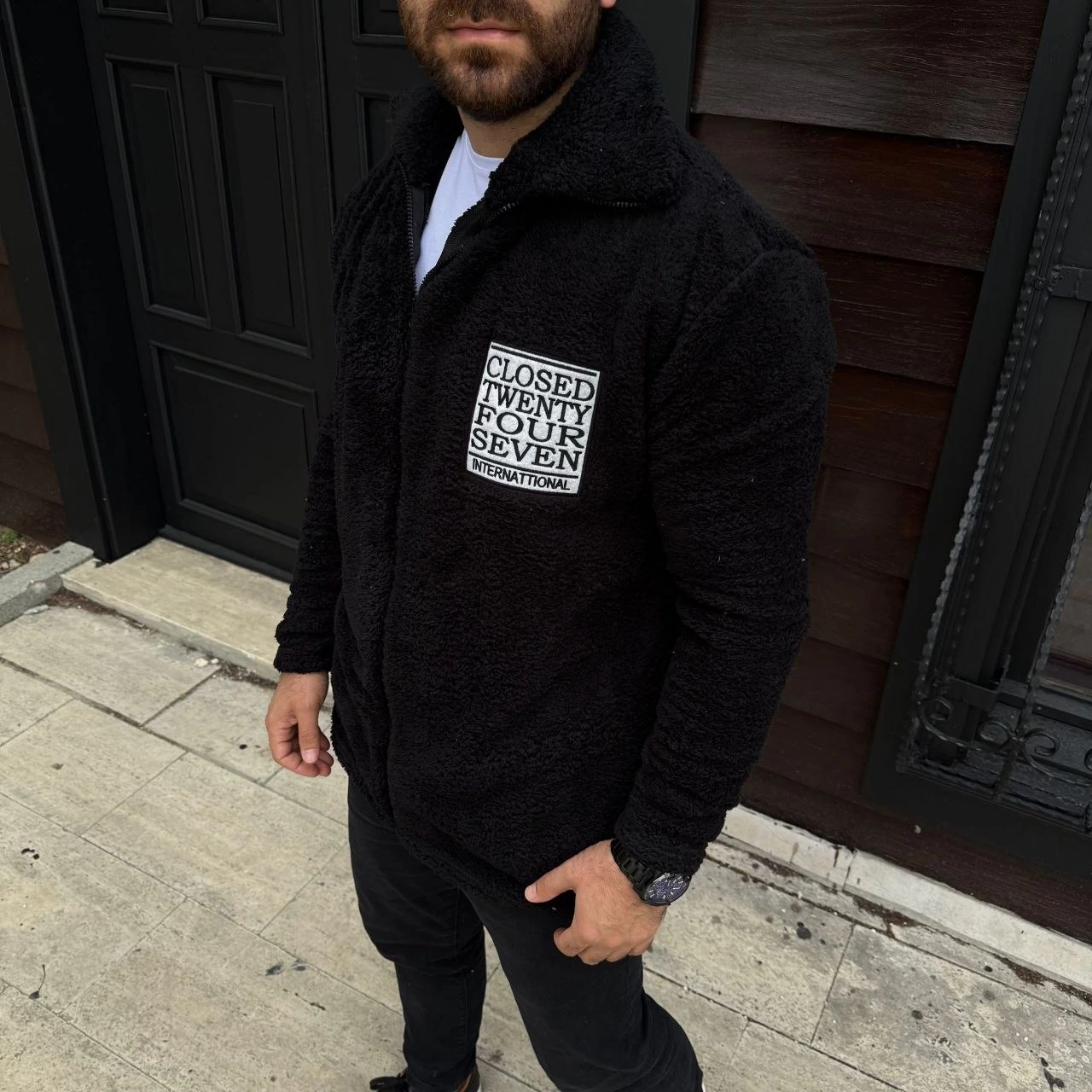 ASSEMA Erkek Polar Fermuarlı Sweatshirt Kapüşonsuz Cepli Yumuşak Dokulu Oversize Kalıp - Siyah